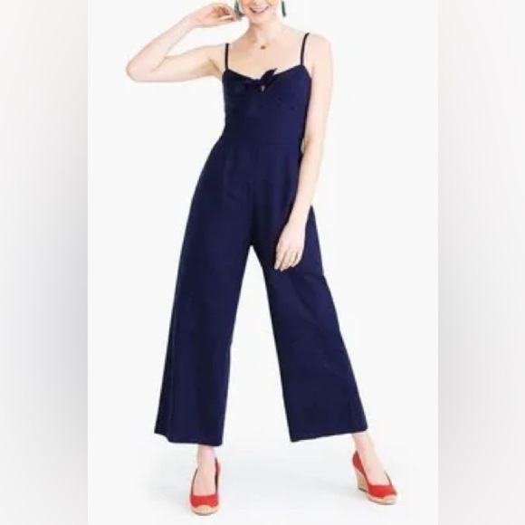 J. Crew Linen Cotton Tie Front Jumpsuit Navy Blue Wide-leg women’s Size 14 - Picture 2 of 13